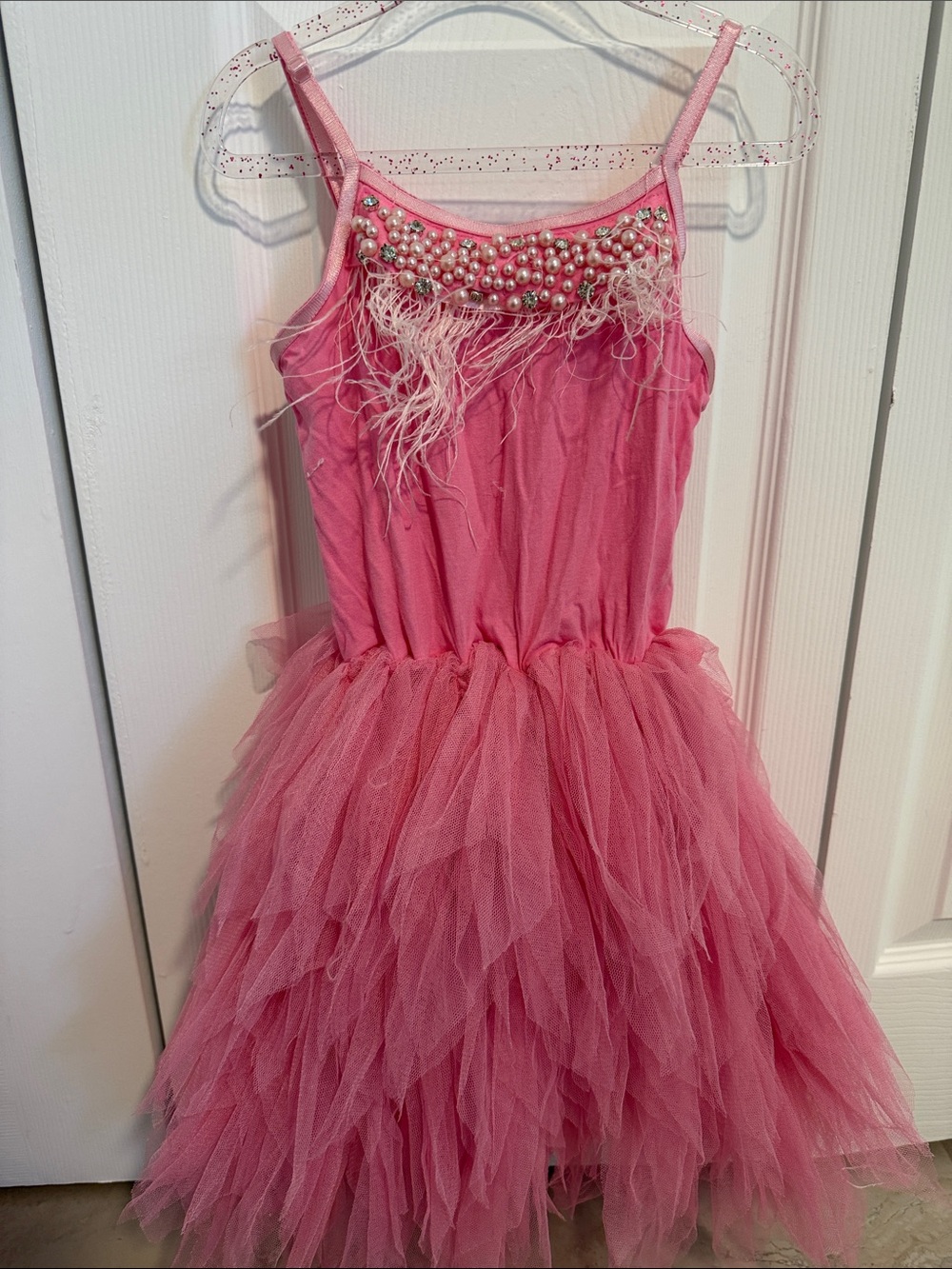 Lola + The Boys Pink Tulle Party Dance Dress with Bead & Feather Accents